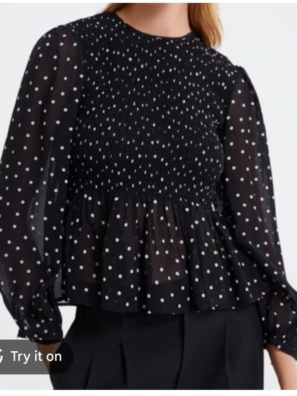 Black Polka Dot Long-Sleeve Peplum Top